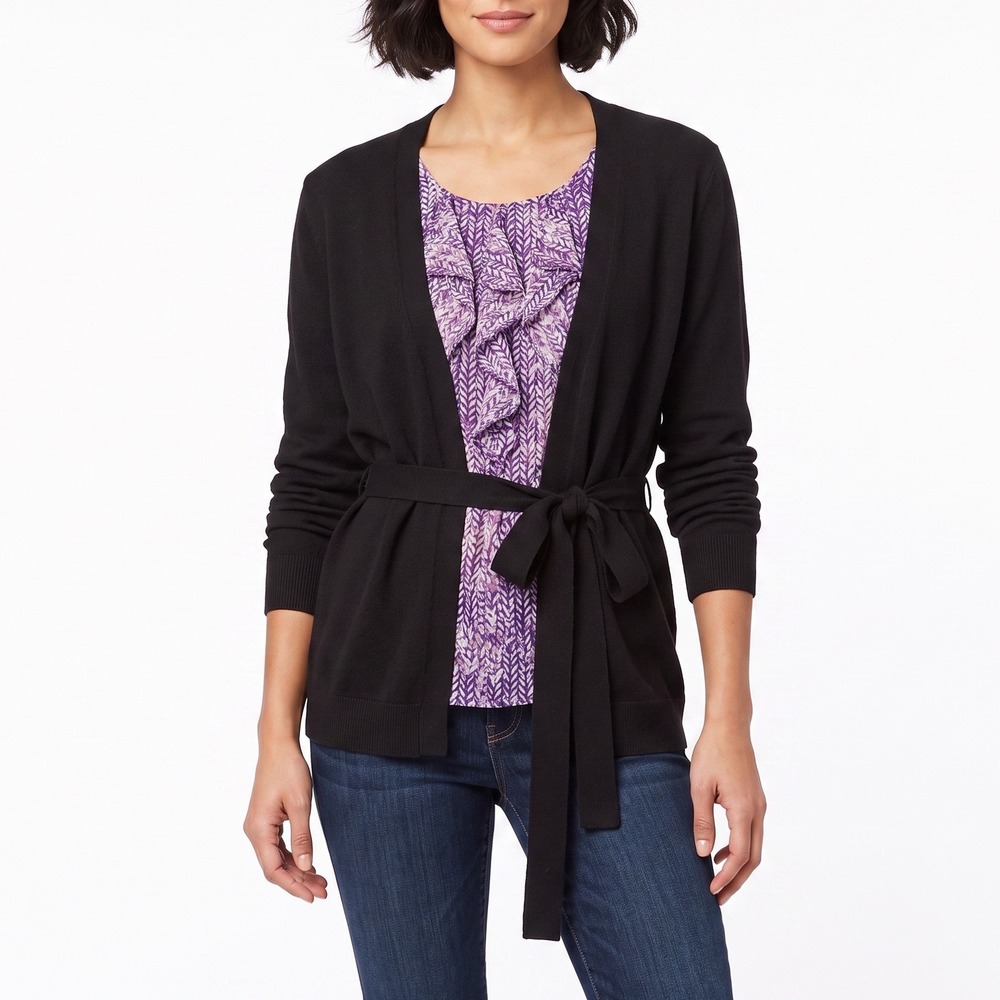 Jaclyn Smith Cardigan Top Womens XL Layered Ruffle Front Black Purple LIKE NEW